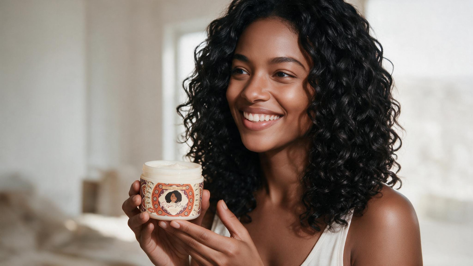 Mujer de cabello rizado sonriendo con el frasco de crema Rizos Rose en la mano