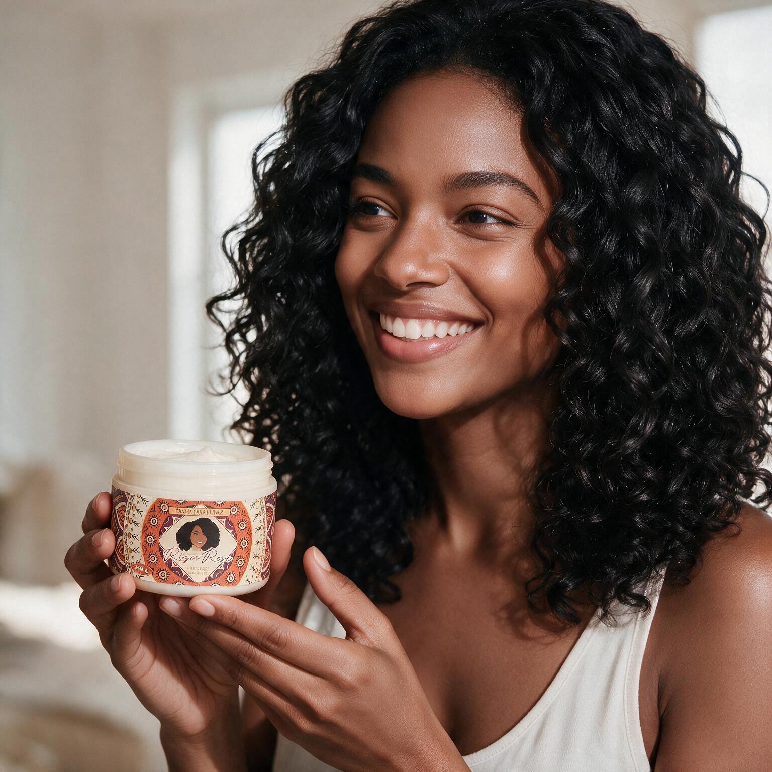 Mujer de cabello rizado sonriendo con el frasco de crema Rizos Rose en la mano